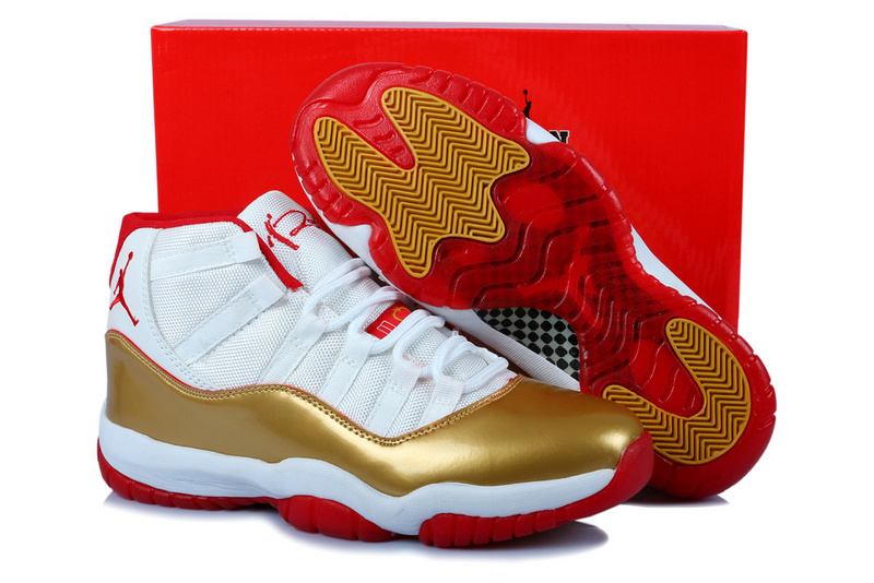 Air Jordan 11 Mens Shoes White/Golden/Red Online